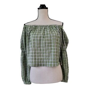 💕Top Shop Green Plaid Off-Shoulder Women's Top Size 4‎ New